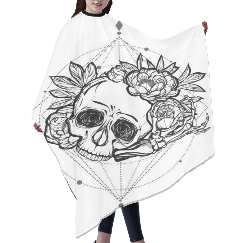 Personality  Halloween. Skull With Peonies Hair Cutting Cape