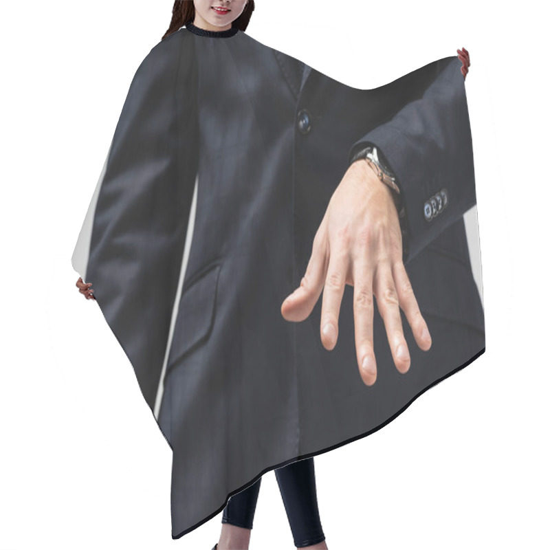 Personality  Cropped View Of Businessman In Suit Manipulating With Hand Isolated On Grey Hair Cutting Cape