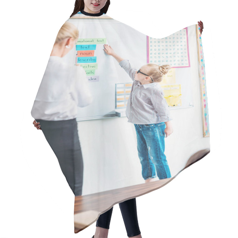 Personality  Schoolgirl Answering Next To Whiteboard Hair Cutting Cape