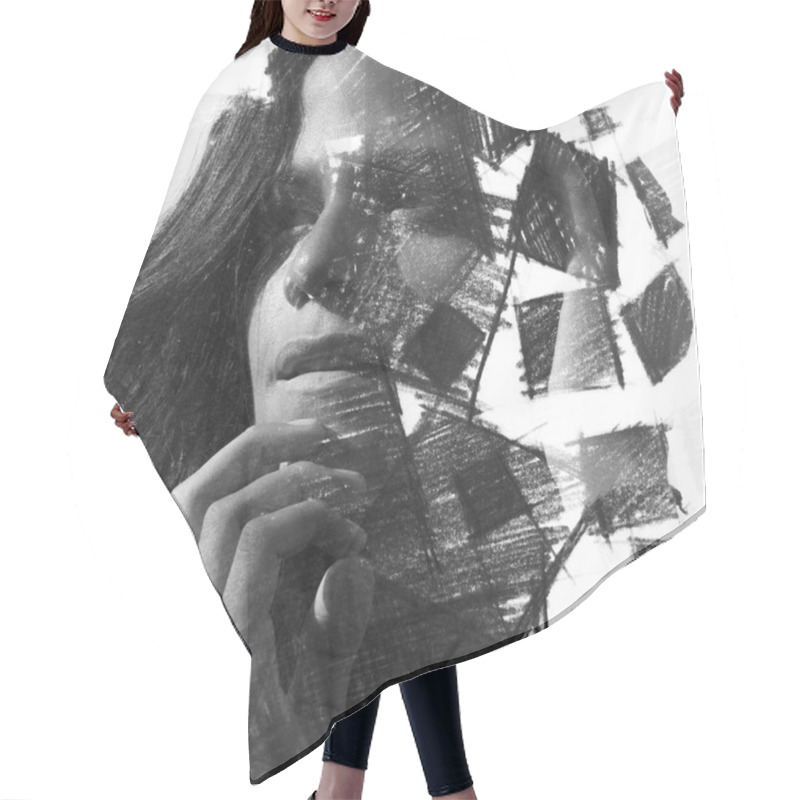 Personality  Hand Drawn Squares Surround Her Face, Creating An Impressive Visual Effect Of Her Dissolution Hair Cutting Cape