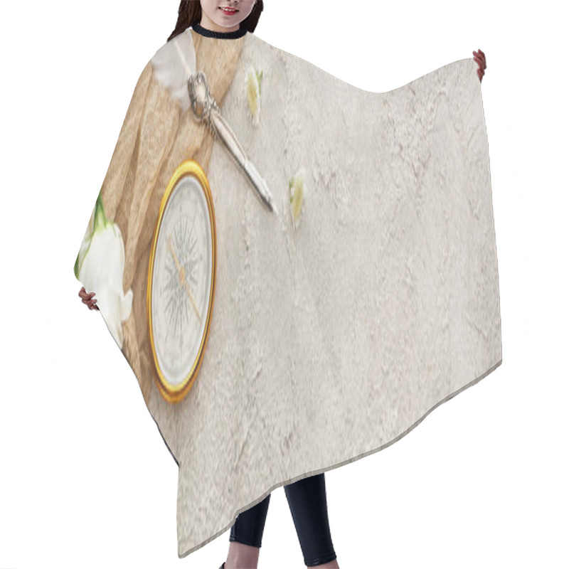 Personality  Panoramic Shot Of Quill Pen On Beige Sackcloth Near Golden Compass, Scattered Flowers And White Eustoma Flowers On Grey Textured Surface Hair Cutting Cape