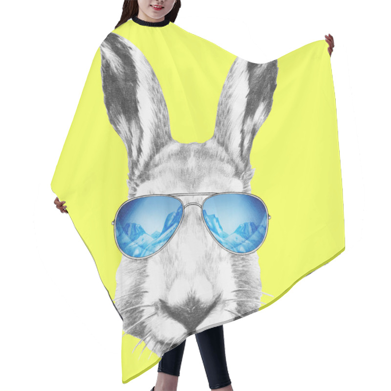 Personality  Portrait Of Hare With Mirror Sunglasses. Hair Cutting Cape