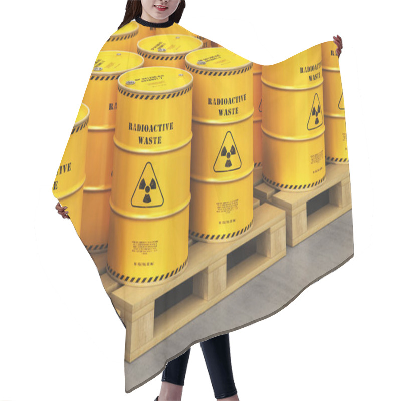 Personality  Creative Abstract Nuclear Power Fuel Manufacturing, Disposal And Utilization Industry Concept: 3D Render Illustration Of The Group Of Yellow Metal Barrels, Drums Or Containers With Poison Dangerous Hazardous Radioactive Materials On Wooden Shipping P Hair Cutting Cape