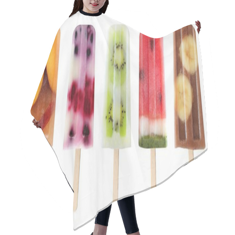 Personality  Five Assorted Fruit Popsicles Isolated On White Hair Cutting Cape