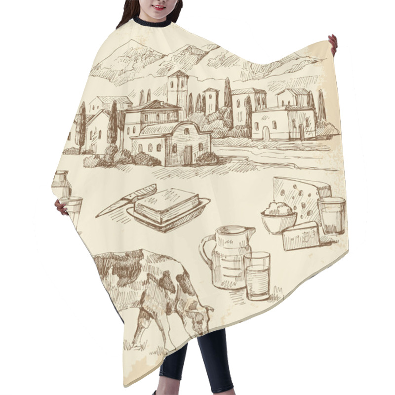 Personality  Village Houses Sketch With Food Hair Cutting Cape