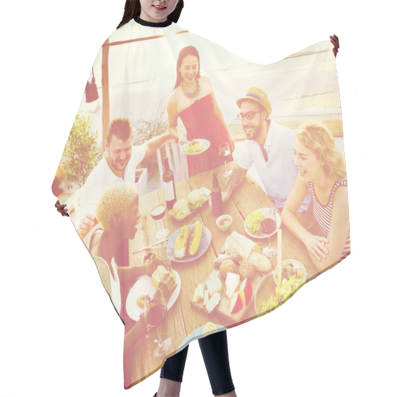 Personality  Friends Having Lunch Outdoors Hair Cutting Cape