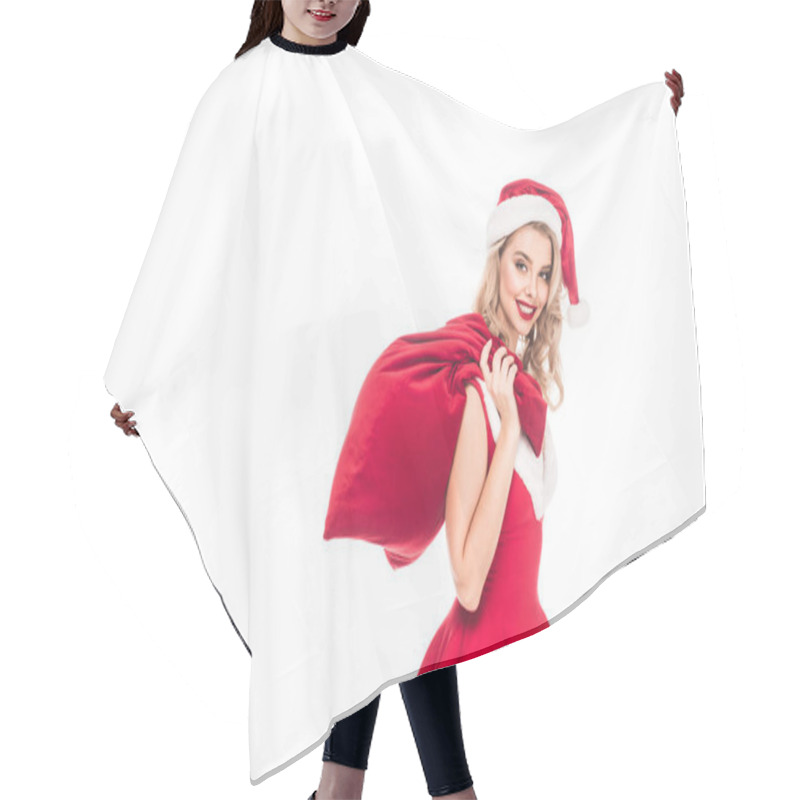 Personality  Happy Young Woman In Santa Dress Holding Christmas Sack Over Shoulder Isolated On White Hair Cutting Cape