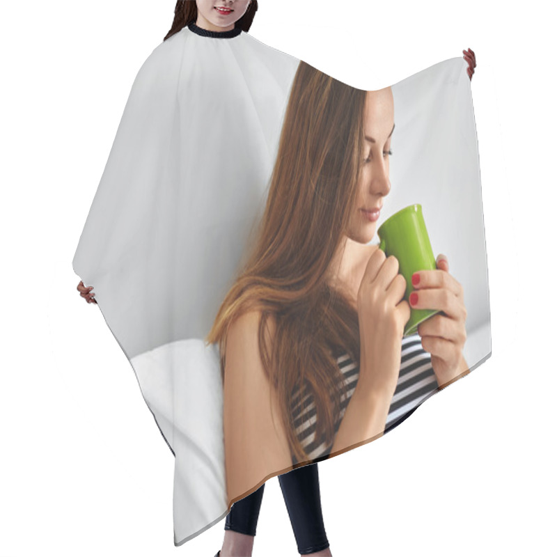 Personality  Drink Morning Tea. Woman Drinking Beverage In Bed. Healthy Lifestyle Hair Cutting Cape