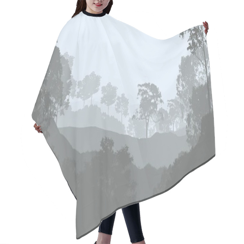 Personality  Abstract Backdrop With Misty Hills With Trees In Fog And Forest Haze. Hair Cutting Cape