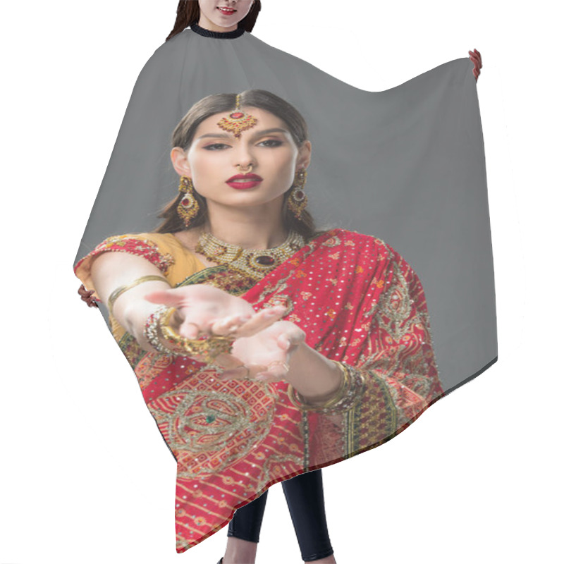 Personality  Elegant Woman Gesturing In Traditional Indian Sari And Accessories, Isolated On Grey  Hair Cutting Cape