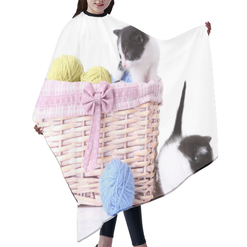 Personality  Cute Little Kittens In Basket With Balls Of Yarn, Isolated On White Hair Cutting Cape