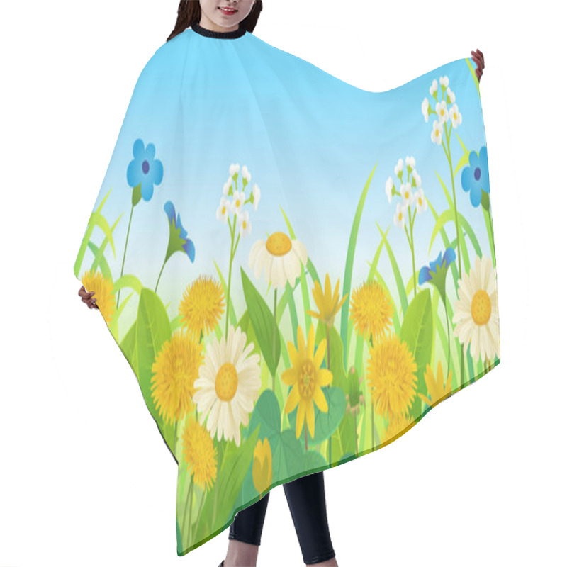 Personality   Summer Landscape Of Field With Dandelions, Buttercups, Wild Strawberries And Wildflowers Blue Sky Background. Vector Illustration In Cartoon Style Hair Cutting Cape