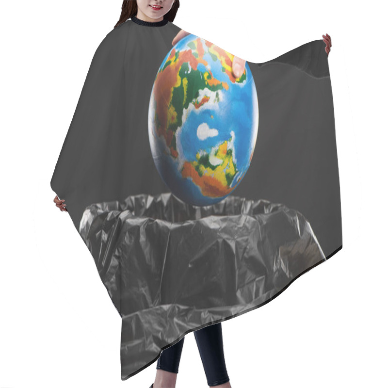 Personality  Cropped View Of Woman Throwing Away Globe In Trash Bin Isolated On Black, Global Warming Concept Hair Cutting Cape