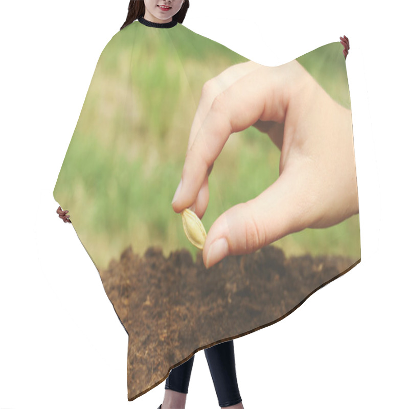 Personality  Woman Hand Putting Seed Into Soil Hair Cutting Cape