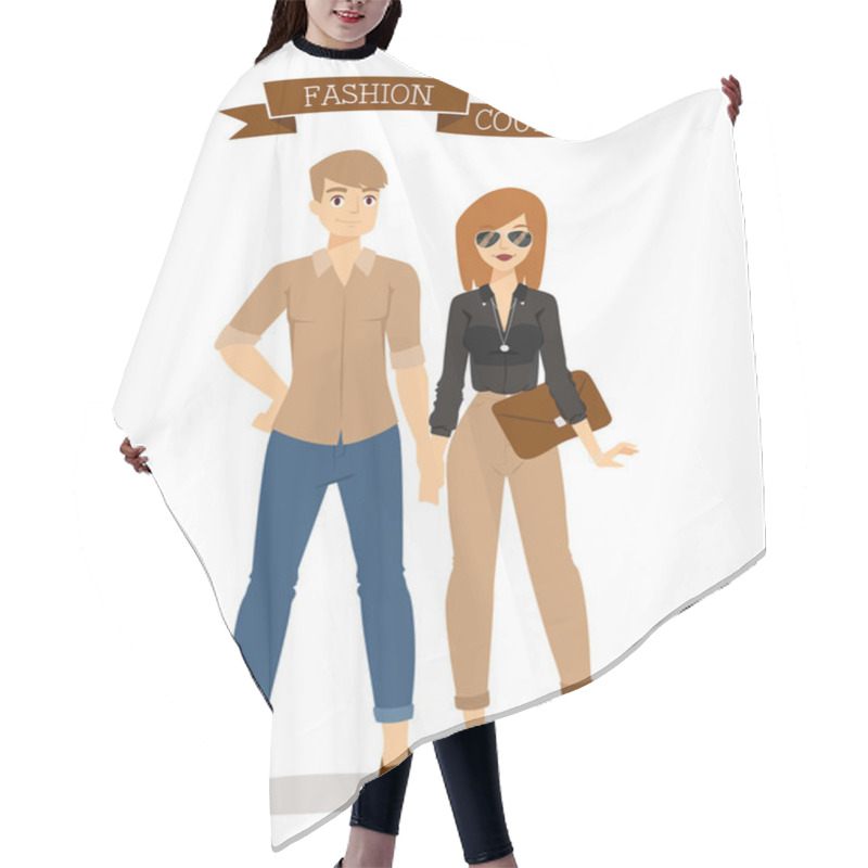 Personality  Beautiful Vector Cartoon Couple Fashion Clothes Models Look Standing Over White Background Hair Cutting Cape