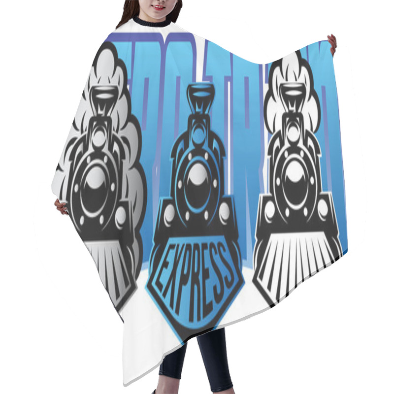 Personality  Vector Illustration With Set Of Moving Retro Locomotives With Smoke. Hair Cutting Cape