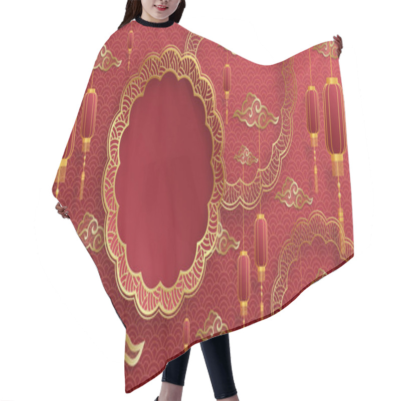 Personality  Happy China Lantern Festival, Chinese Lanterns With Gold Paper Cut Art And Craft Style On Color Background With Asian Elements Hair Cutting Cape