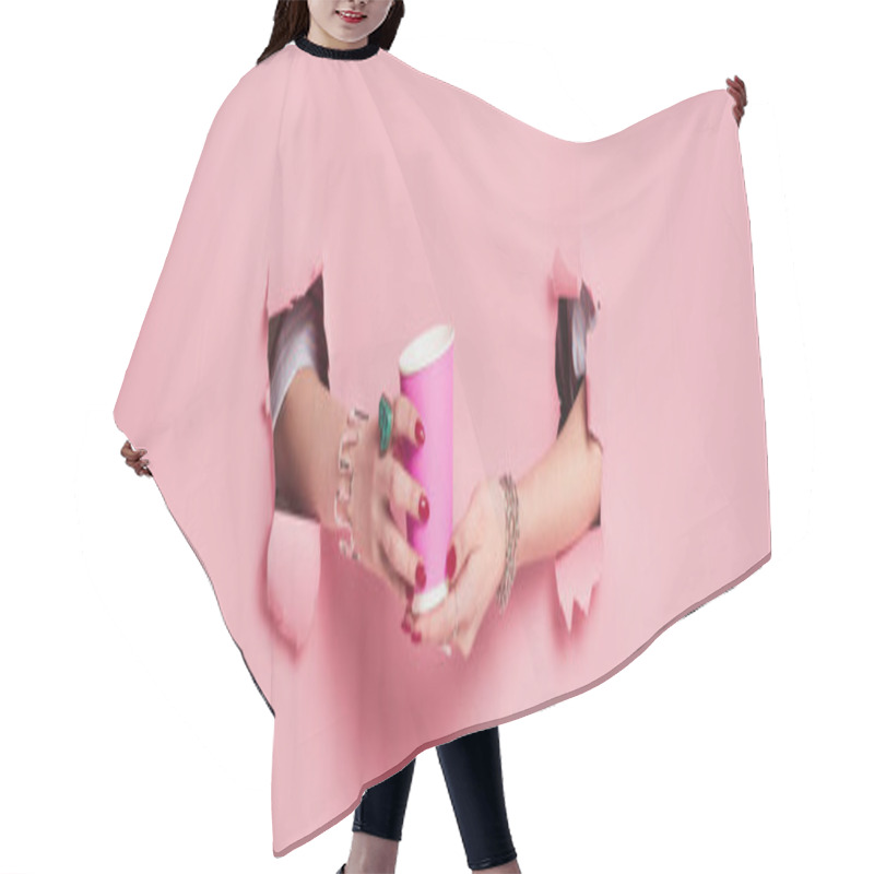 Personality  Cropped View Of Woman Holding Paper Cup Near Pink Background With Holes, Banner  Hair Cutting Cape