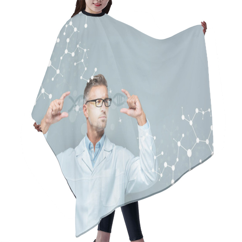 Personality  Handsome Scientist In Glasses Holding Dna Interface Isolated On Grey, Artificial Intelligence Concept Hair Cutting Cape