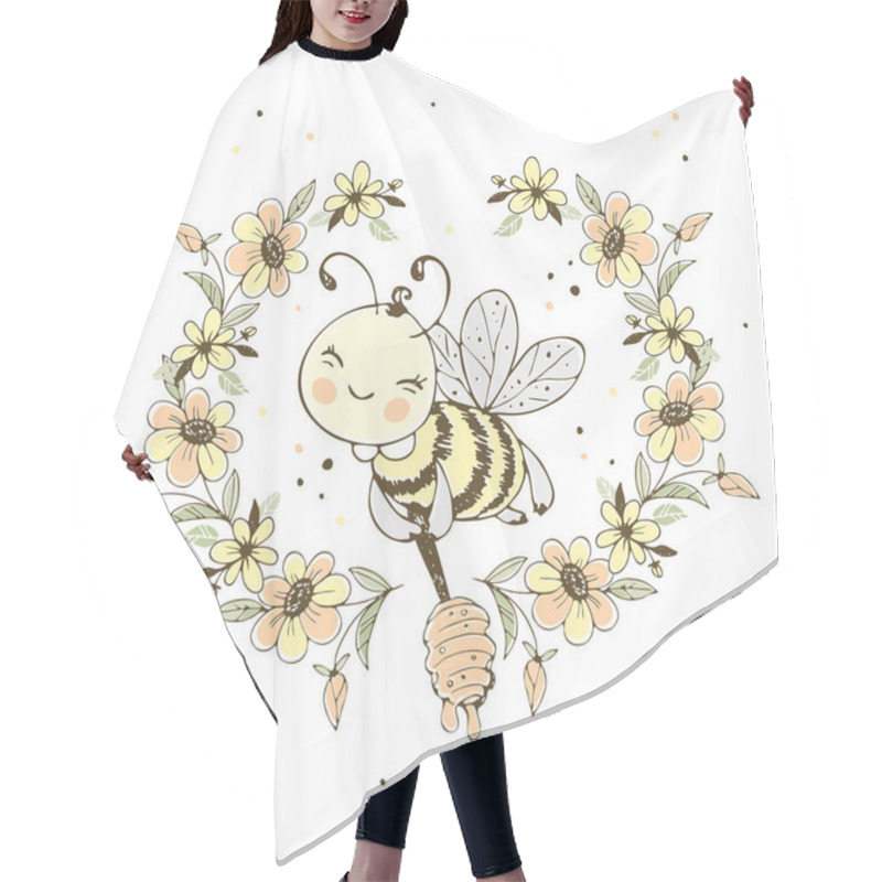 Personality  Cheerful Cute Bee With Honey In A Frame Of Flowers. Vector. Hair Cutting Cape