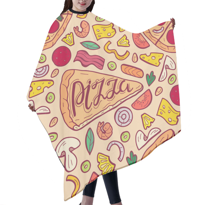 Personality  Ingredients For Pizza. Seamless Pattern With A Slice Of Pizza And Various Ingredients. Hand Drawn Vector Illustration. Hair Cutting Cape