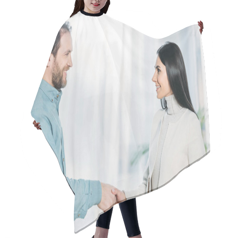 Personality  Side View Of Psychotherapist And Patient Shaking Hands And Smiling Each Other Hair Cutting Cape