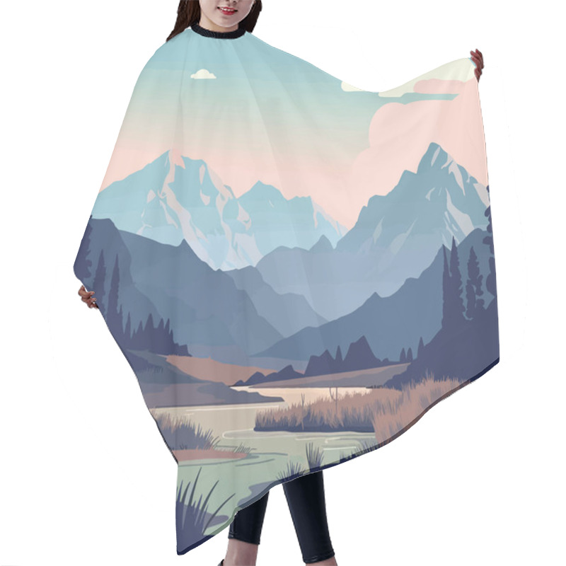 Personality  Vector Illustration With A Simple Bright Landscape With Beautiful Lake And Mountains In The Background Of Beautiful Sky. Hair Cutting Cape