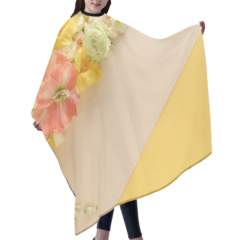 Personality  Top View Of Spring Floral Bouquet On Beige And Yellow Background Hair Cutting Cape