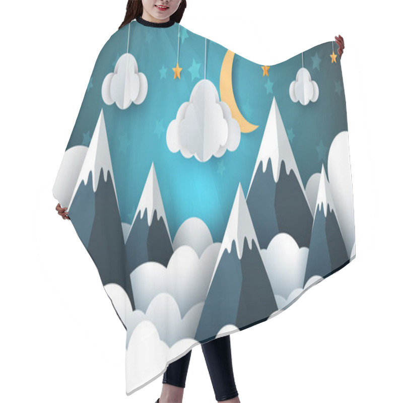 Personality  Mountain Landscape Paper Illustration. Cloud, Star, Moon, Sky. Hair Cutting Cape