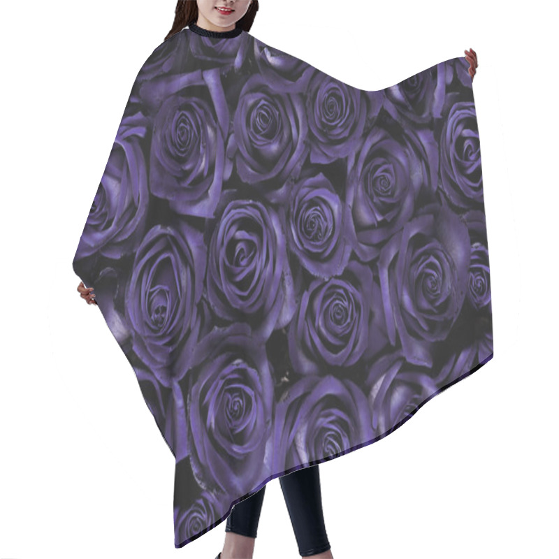 Personality  A Floral Background Of Open Rose Heads In A Rich, Deep Dark Purple Future Dusk, The Color Of The Year 2025. Seamless Floral Pattern Hair Cutting Cape