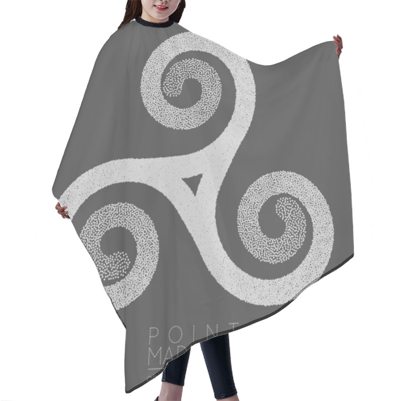 Personality  Vector Illustration Of Abstract Dotted Symbol Triskelion. Celtic Sacred Geometry Sign Made In Stippling Technique. Isolated Halftone Symbol. Pointillism. Three Interlocked Spirals. Hair Cutting Cape