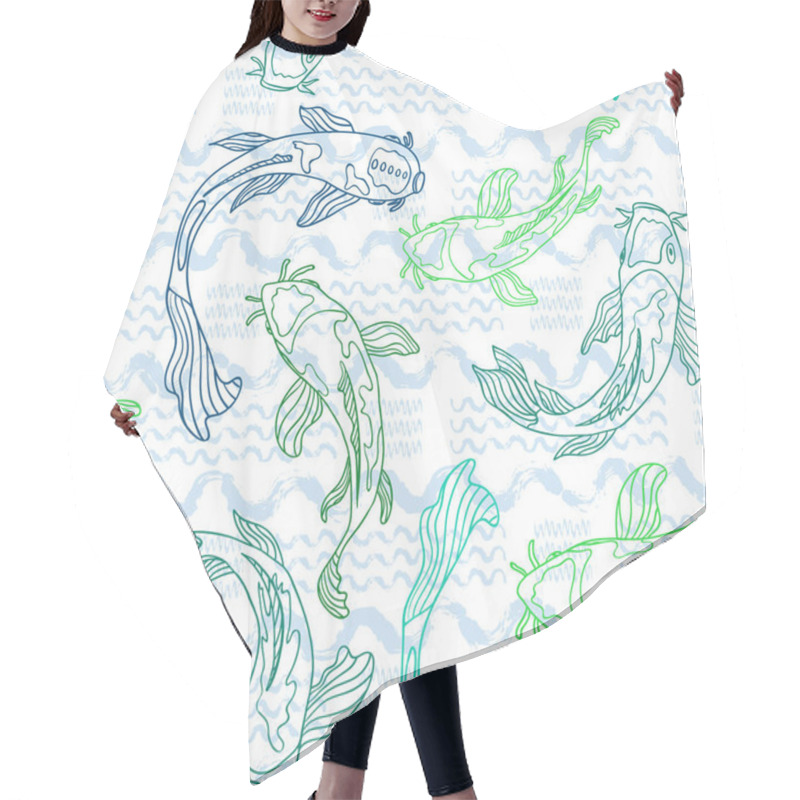 Personality  Blue And Green Line Art Koi Fish Silhouettes With Hand Drawn Wavy Brush Stroke Texture In The Background. Seamless Vector Pattern. Great For Fabric, Home Decor, Stationery, Fashion Accessories. Hair Cutting Cape