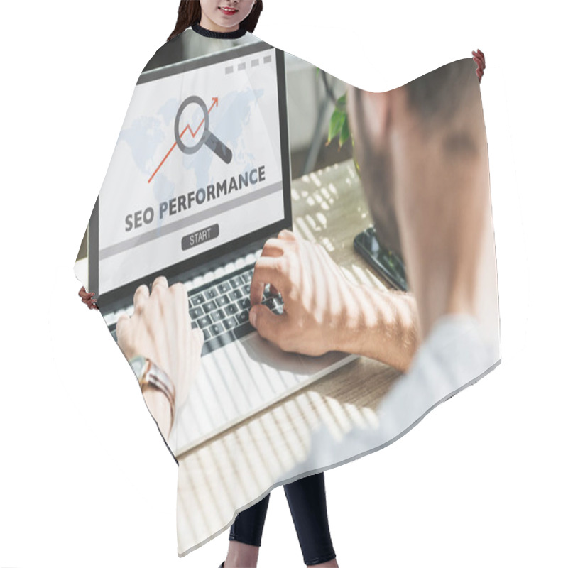 Personality  Back View Of Developer Using Laptop With SEO Performance And World Map Hair Cutting Cape