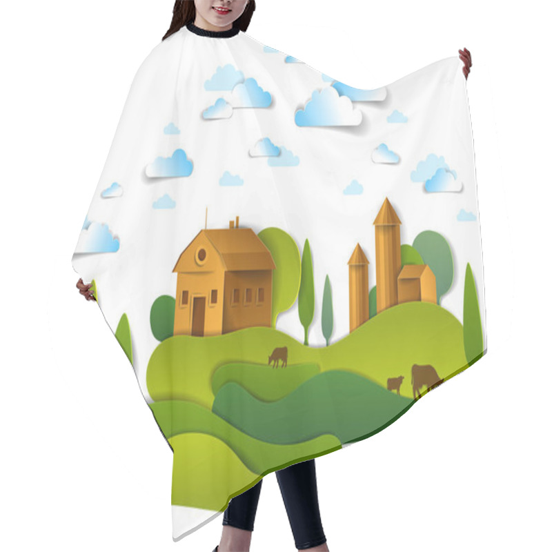 Personality  Farm In Scenic Landscape, Vector Illustration In Paper Cut Style.   Hair Cutting Cape