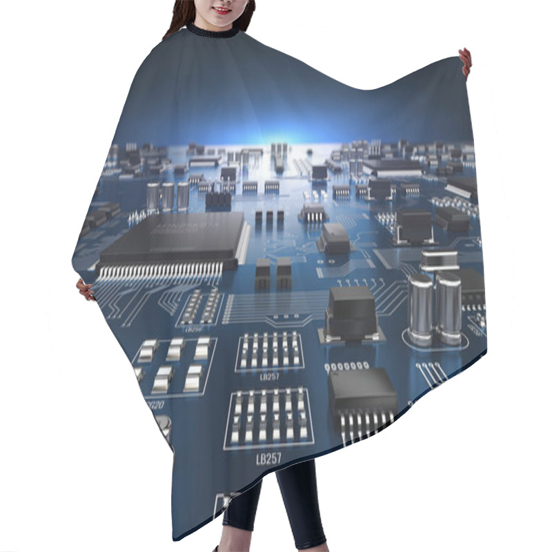 Personality  High Tech Electronic PCB (Printed Circuit Board) With Processor And Microchips. 3d Illustration Hair Cutting Cape