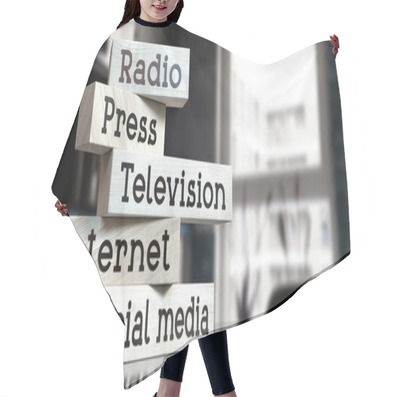 Personality  Radio, Press, Television, Internet, Social Media - Words On Wooden Blocks - 3D Illustration Hair Cutting Cape