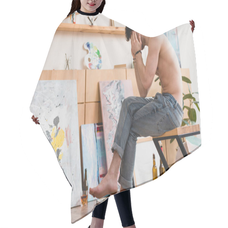 Personality  Exhausted Artist Sitting On Chair In Painting Studio And Holding Hands On Head Hair Cutting Cape