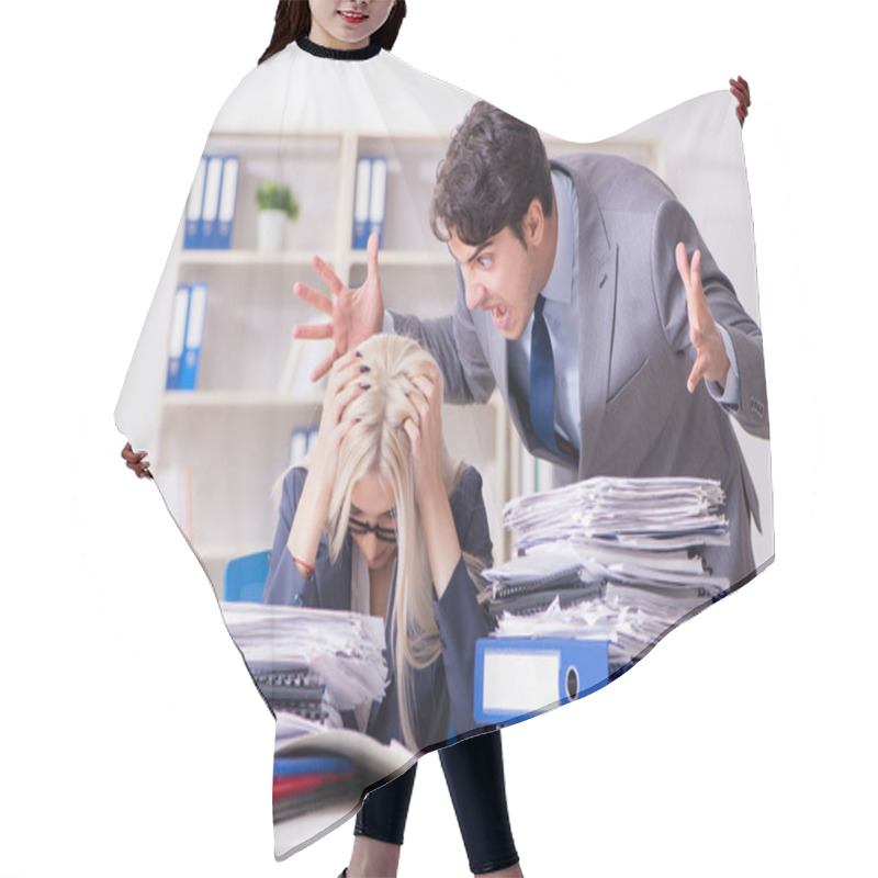 Personality  Angry Irate Boss Yelling And Shouting At His Secretary Employee Hair Cutting Cape