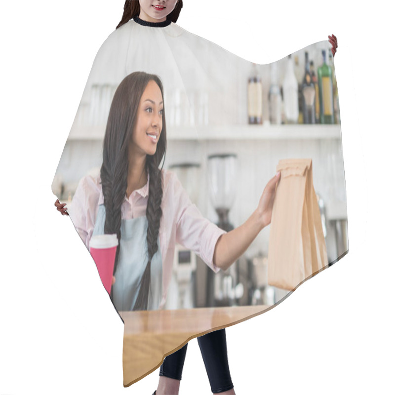 Personality  Waitress With Take Away Order Hair Cutting Cape