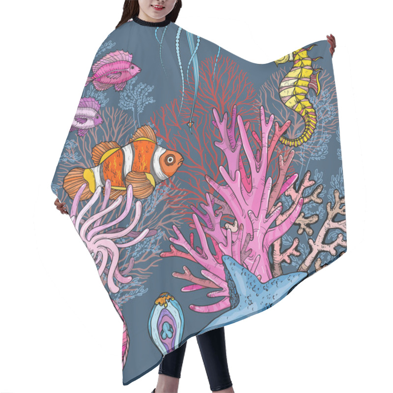 Personality  Seamless Pattern With Ocean Marine Life, Clown Fish In Anemones Hair Cutting Cape