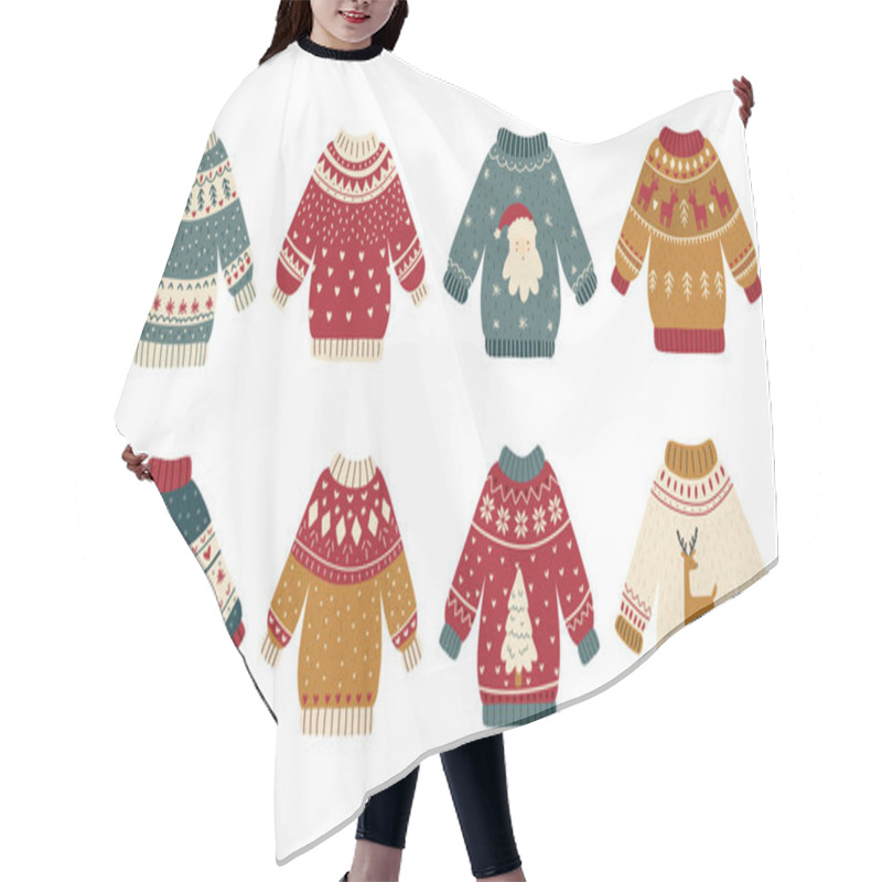 Personality  Collection Of Ugly Christmas Sweaters Or Jumpers Isolated On Light Background. Bundle Of Knitted Woolen Winter Clothing With Various Prints. Colorful Vector Illustration In Flat Cartoon Style. Hair Cutting Cape