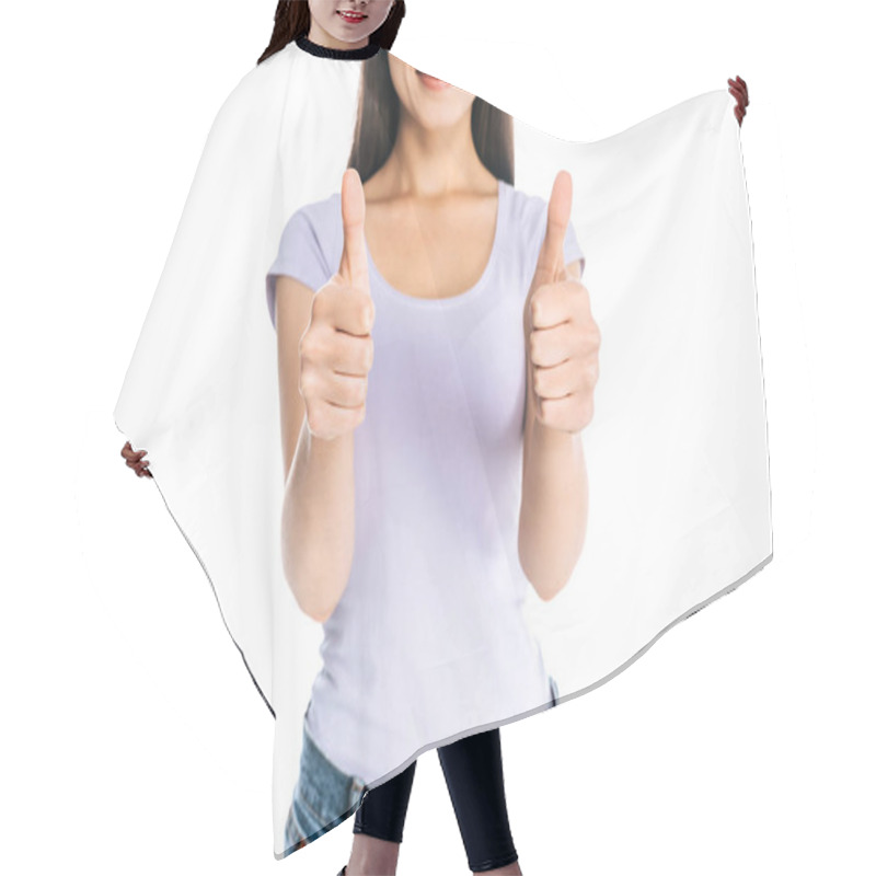 Personality  Cropped Shot Of Woman Showing Thumbs Up Isolated On White Hair Cutting Cape