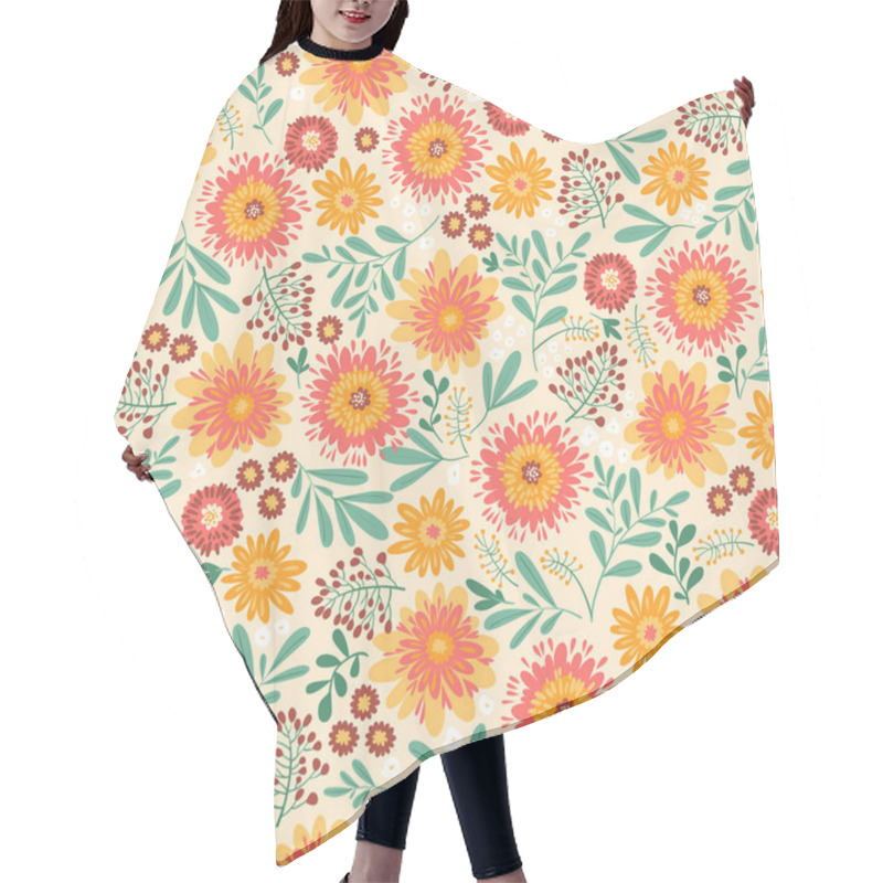 Personality  Glory Of Summer. Botanical Retro Floral Pattern. Seamless Vector Design In Bright Fall Colors. Autumn Flowers In Orange, Yellow, Red Create Colorful Print For Fashion Textile And Home Decor Hair Cutting Cape