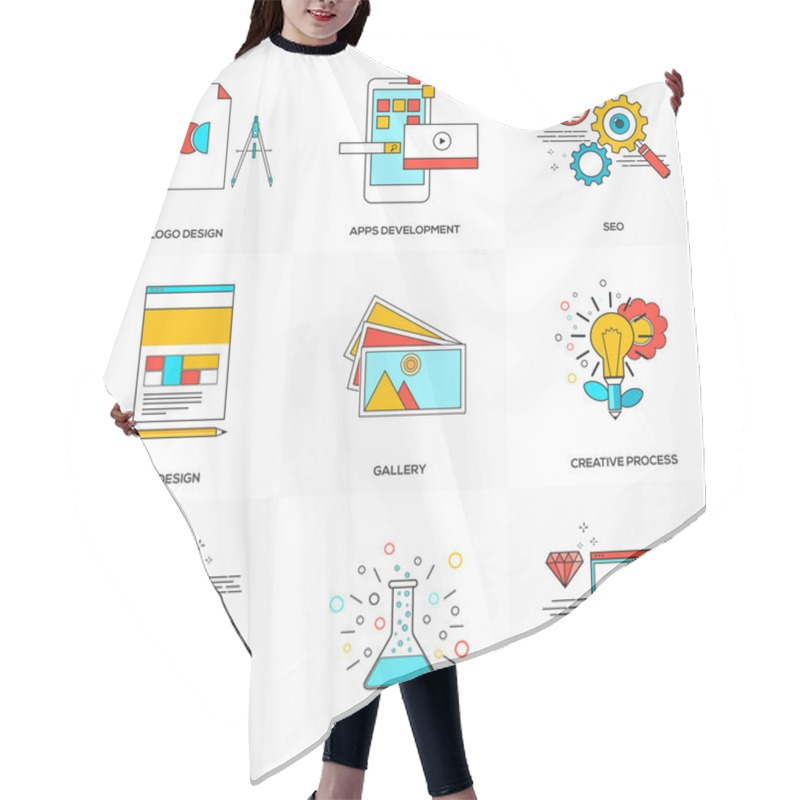 Personality  Flat Line Icons Set Of  Tehnology And Development Hair Cutting Cape