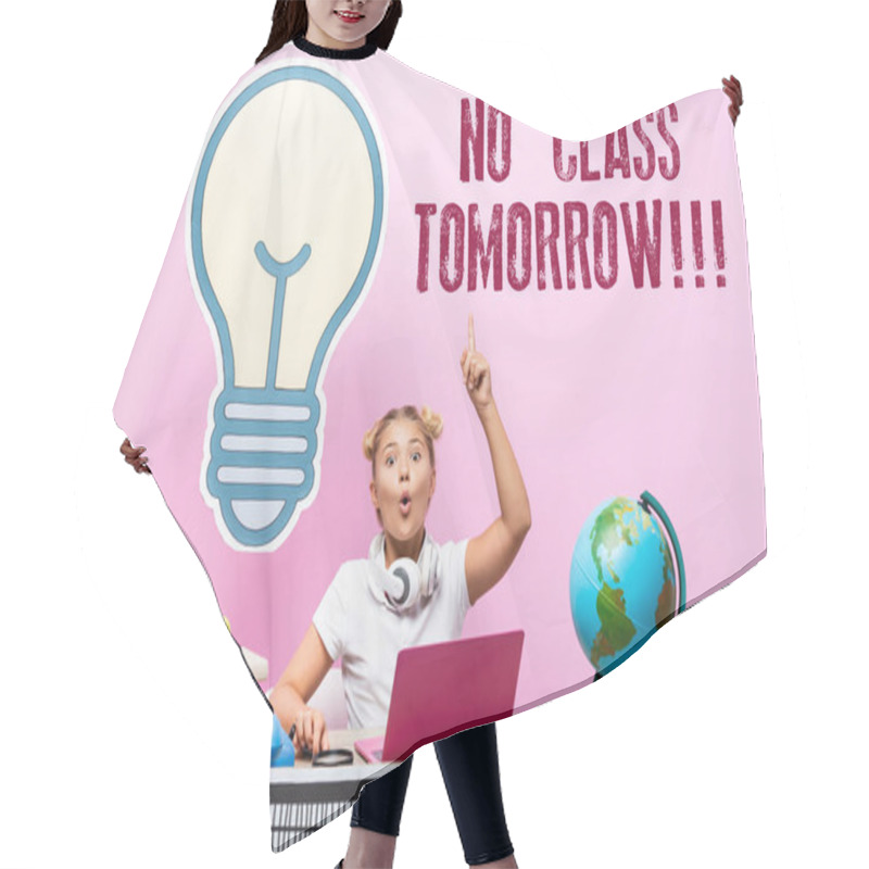 Personality  Excited Schoolkid Having Idea Near Gadgets, Paper Artwork And No Class Tomorrow Lettering On Pink Background Hair Cutting Cape