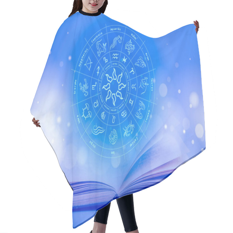 Personality  Open Book And Illustration Of Zodiac Wheel With Astrological Signs On Blue Background Hair Cutting Cape