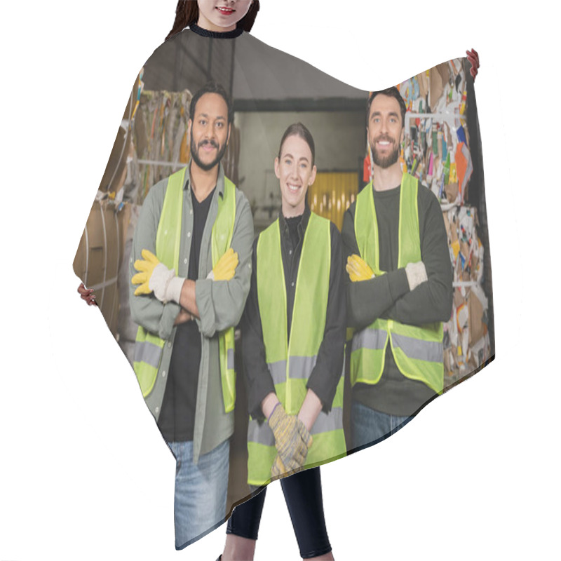 Personality  Cheerful Multiethnic Workers In High Visibility Vests And Gloves Crossing Arms And Looking At Camera While Standing Near Waste Paper On Disposal Station, Garbage Sorting Process  Hair Cutting Cape