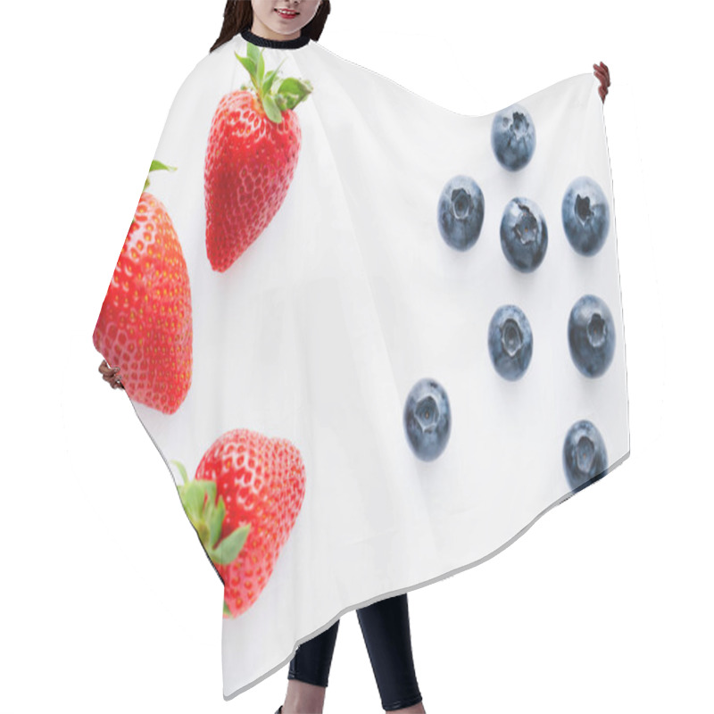 Personality  Top View Of Strawberries And Blueberries On White Background  Hair Cutting Cape