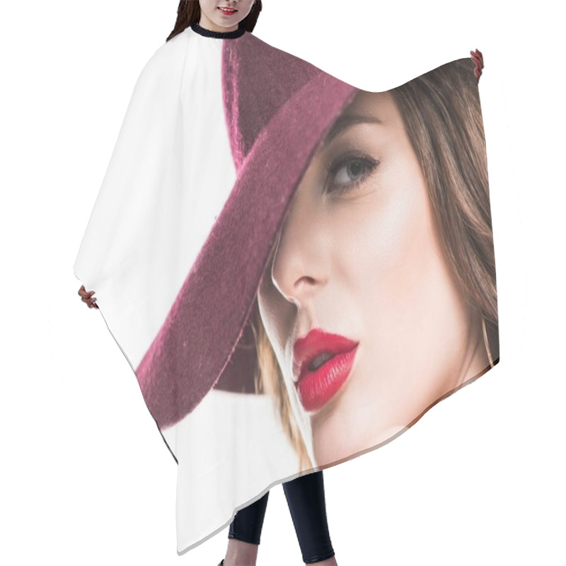 Personality  Headshot Of Attractive Girl In Burgundy Hat Looking At Camera Isolated On White Hair Cutting Cape