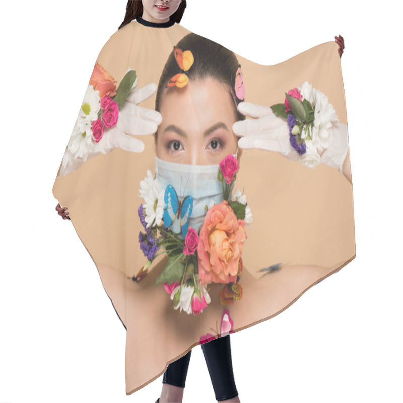 Personality  Attractive Asian Woman In Latex Gloves And Floral Face Mask With Butterflies Isolated On Beige Hair Cutting Cape